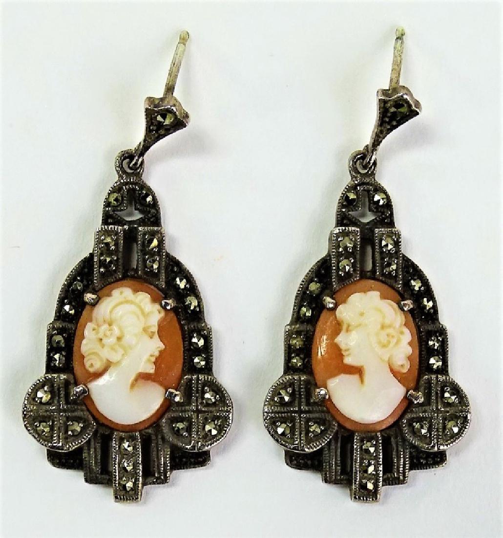 PR VICTORIAN STERLING & MARCASITE CAMEO EARRINGS (1 of 3)
