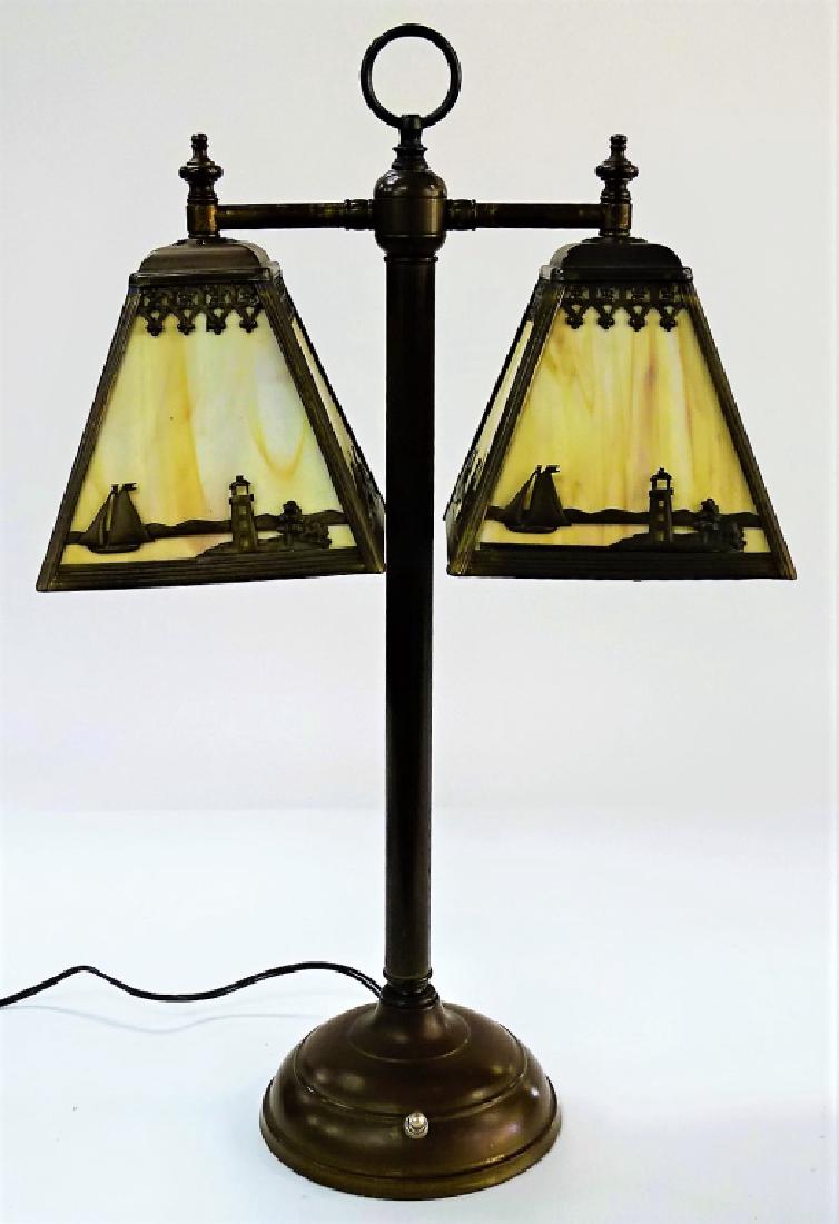 VINTAGE TWO SHADE BRASS & SLAG GLASS LAMP (1 of 2)