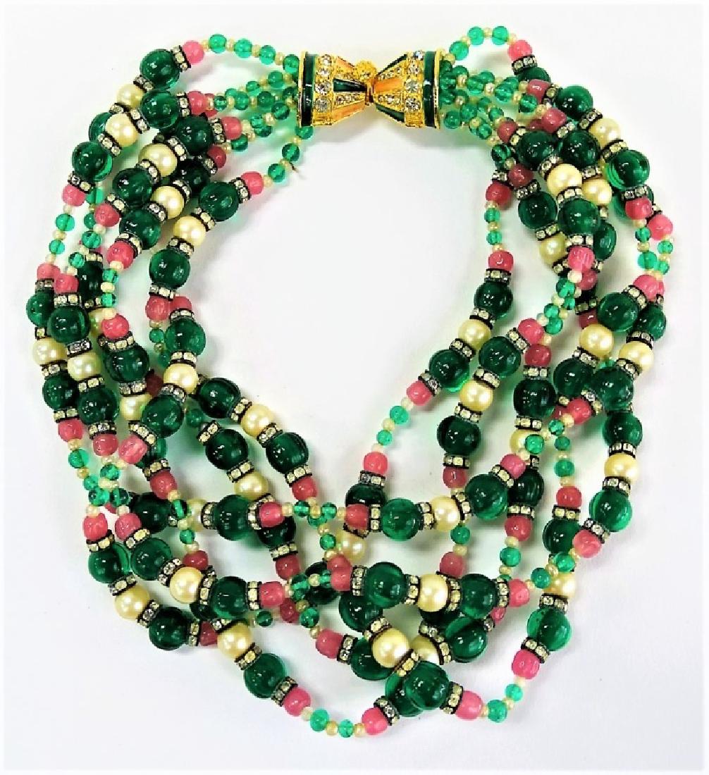 KENNETH J LANE MULTISTRAND LADIES CHOKER NECKLACE: Green, and pink, beads, with gold tone clasp, measure 13" long shipping, $15 plus ins u.s.will combine shipping