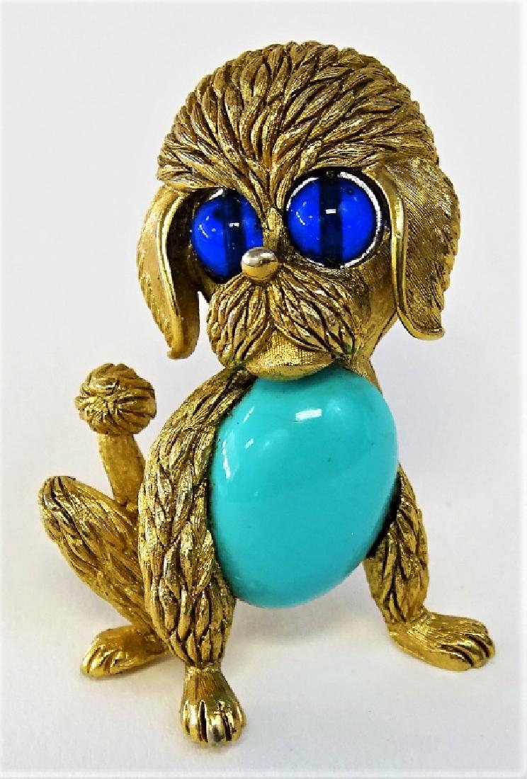 SIGNED TRIFARI VINTAGE POODLE PIN: About 1 1/4" tall, signed, with faux turquoise belly, and blue glass eyes, shipping $15 plus ins will combine