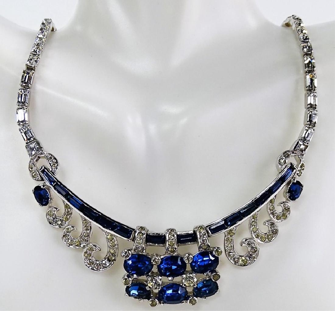 MAZER BROS DECO FAUX SAPPHIRE NECKLACE: Measures about 14 1/2 in. long. Dates to 1950's. Shipping to be $15 plus insurance US. We will combine shipping.