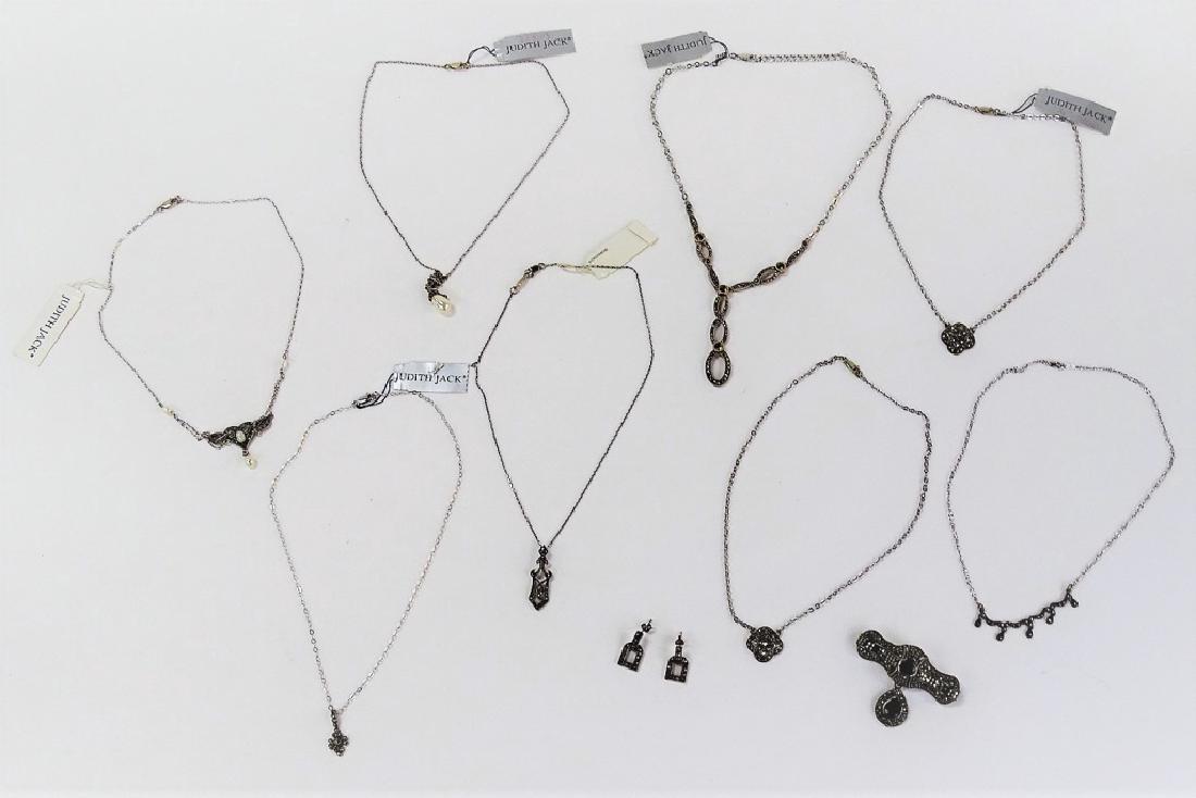 LARGE LOT OF COSTUME JEWELRY: To include a silver tone heavy bracelet, a pair of deco Boucher earrings, a pair of sterling silver earrings, a silver tone and marcasite broach, a German deco silver tone necklace, a Sperry silver to