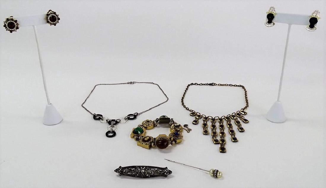 LARGE LOT OF COSTUME JEWELRY: To include a pair of vintage Blackmoore earrings, a Victorian gold tone and faux amethyst necklace, a deco onyx and Lucite necklace, a deco silver tone and rhinestone broach, a Reinad gold tone charm