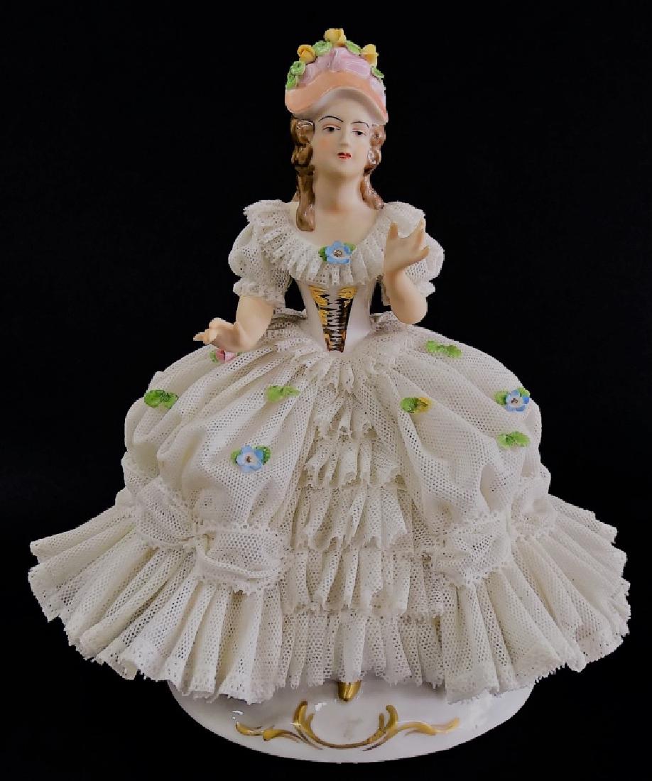 ACKERMANN FRITZ PORCELAIN LACE FIGURINE LADY FAIR: Vintage Ackermann Fritz German porcelain lace figurine 'LADY FAIR' marked to bottom made in Germany. Measures approx 8' tall . Will not ship can refer local shippers.