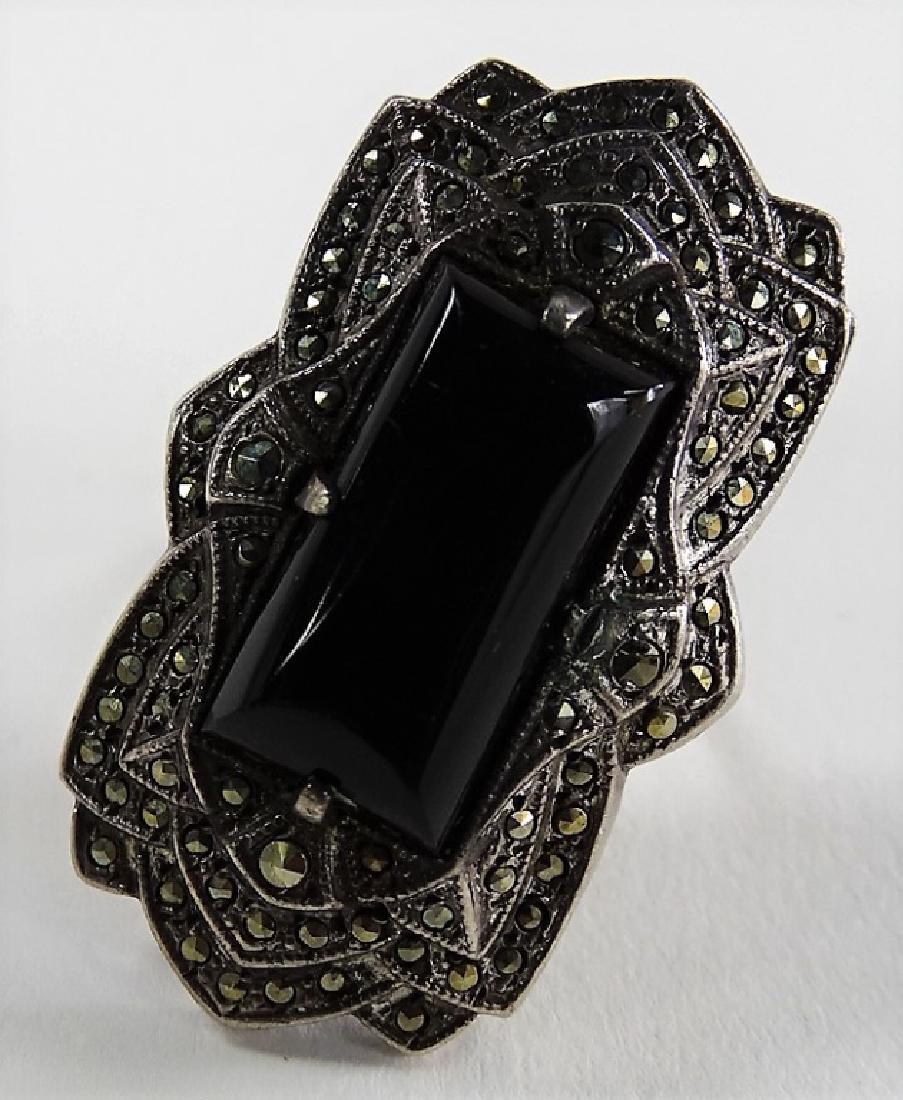 BEAUTIFUL DECO STERLING W/ MARCASITE & ONYX RING: Shipping to be $15 US. We will combine with price.