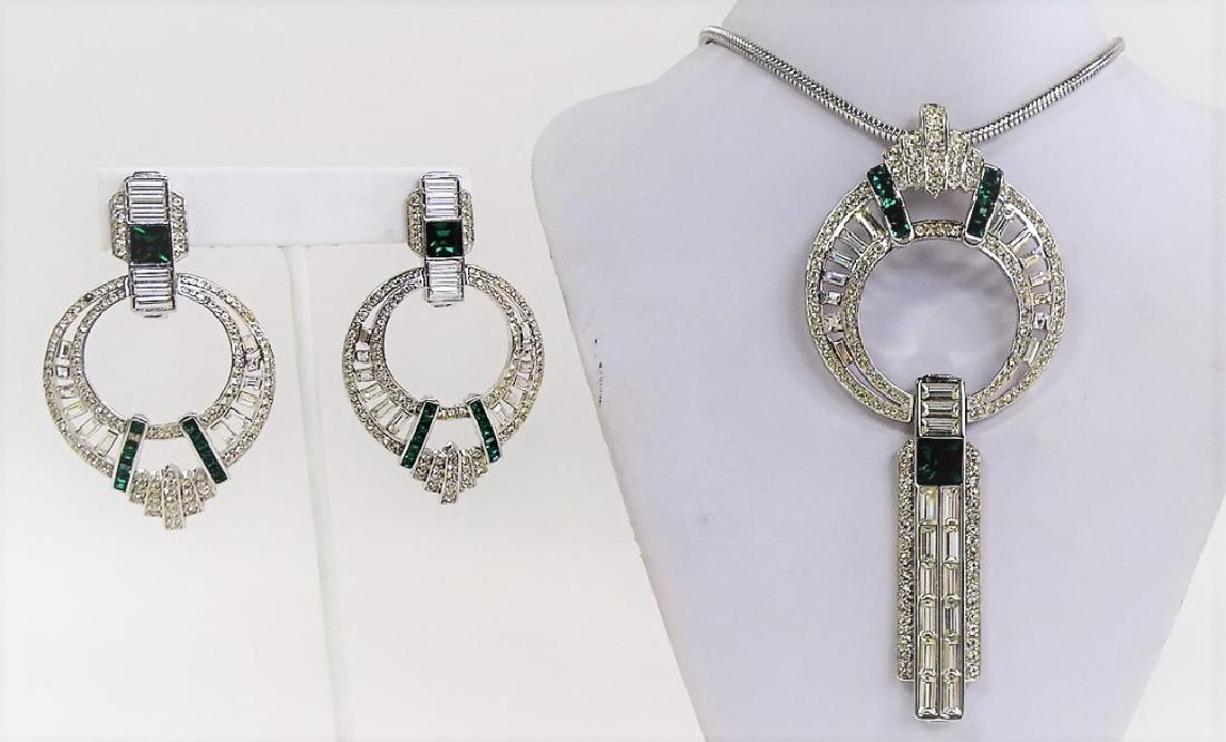 RARE ART DECO SLVR TN W/ GRN + CLR STONE SUITE (1 of 3)