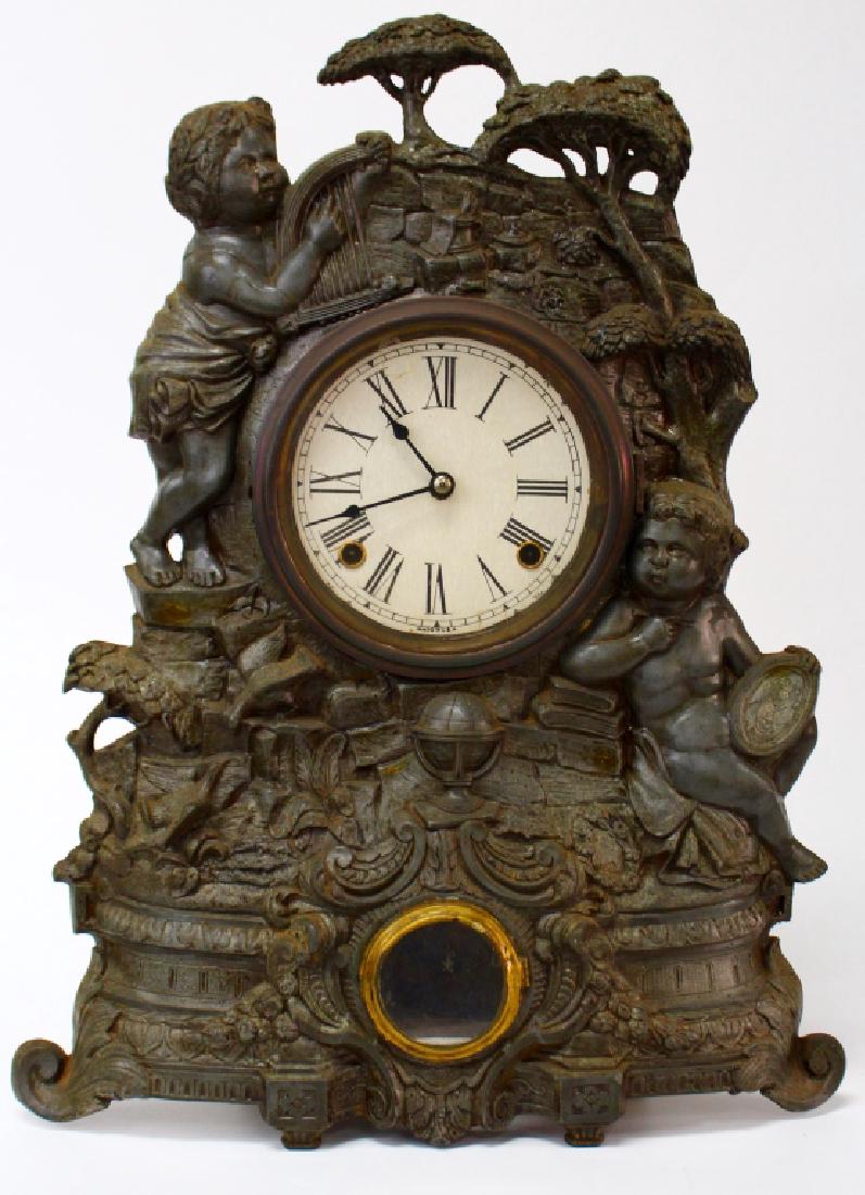 ANTIQUE FIGURAL IRON FRONT MANTEL CLOCK (1 of 6)