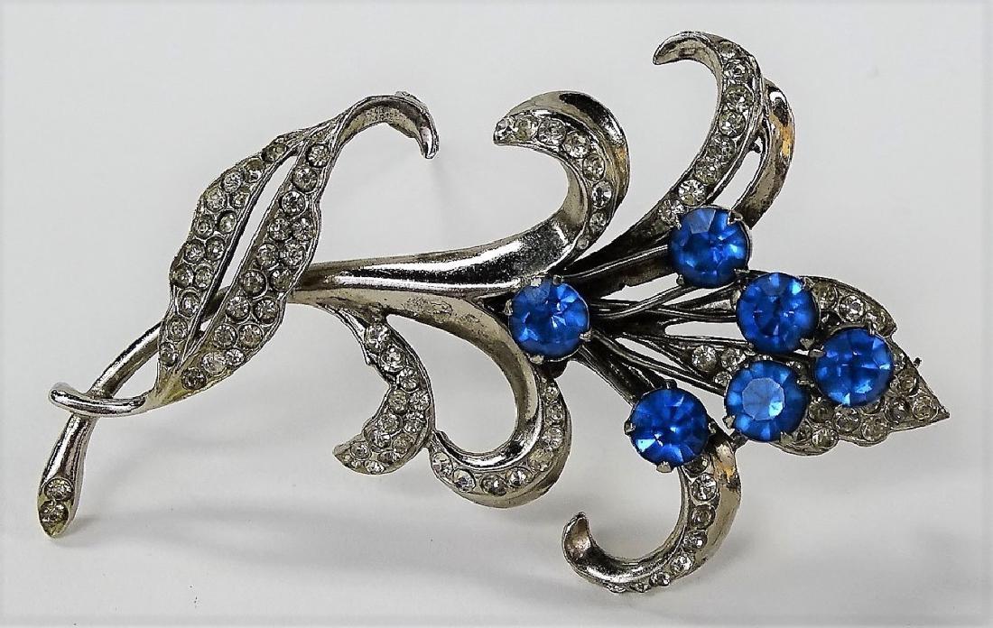 LARGE STERLING & FAUX SAPPHIRE FLORAL BROOCH (1 of 2)