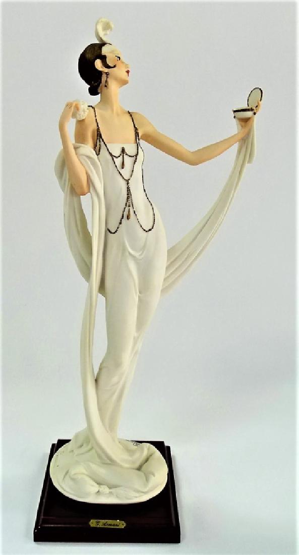 TALL GIUSEPPE ARMANI LADY W/POWDER PUFF: Giuseppe Armani Lady w Powder Puff, Art Deco Lady Holding Powder Puff & Looking At Compact. Measures approx 19" tall. Will not ship can refer local shippers.
