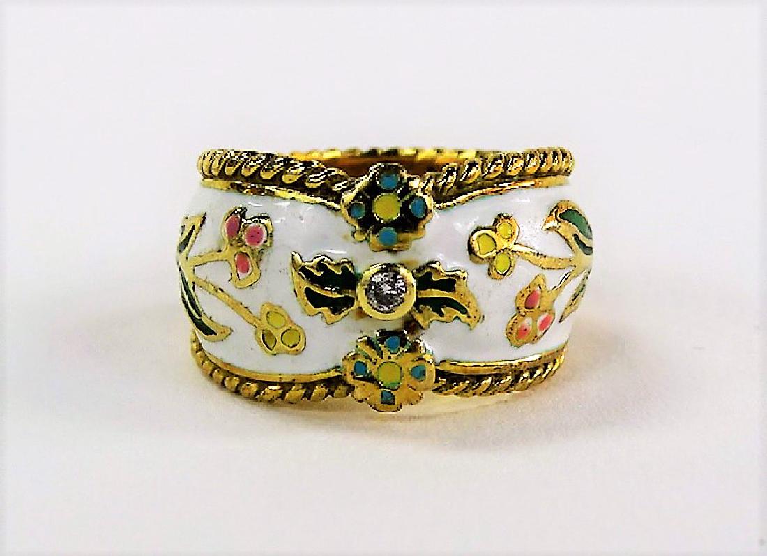 HEAVY 14K GOLD DIAMOND & ENAMELED FLORAL RING (1 of 4)