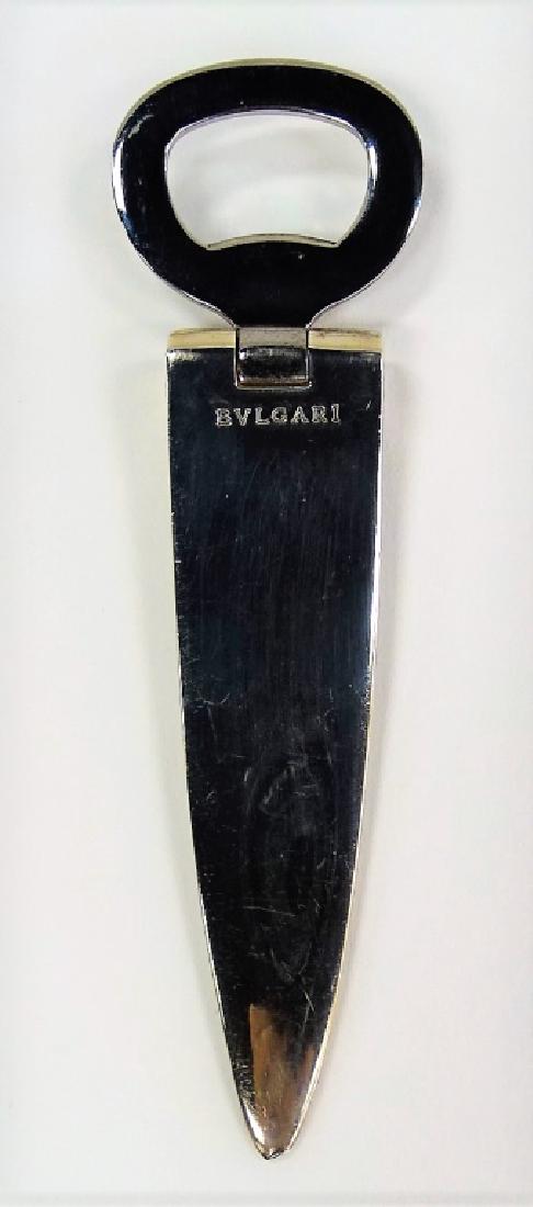 BVLGARI ITALIAN STERLING HALLMARKED BOTTLE OPENER: Rare find, with four hallmarks to side. "Made in Italy"; "Sterling"; "925" & *384 AR". Signed BVLGARI. Measures 5-1/4" Long. Total Weight: 99.7 grams. Shipping U.S. $20 plus insurance.