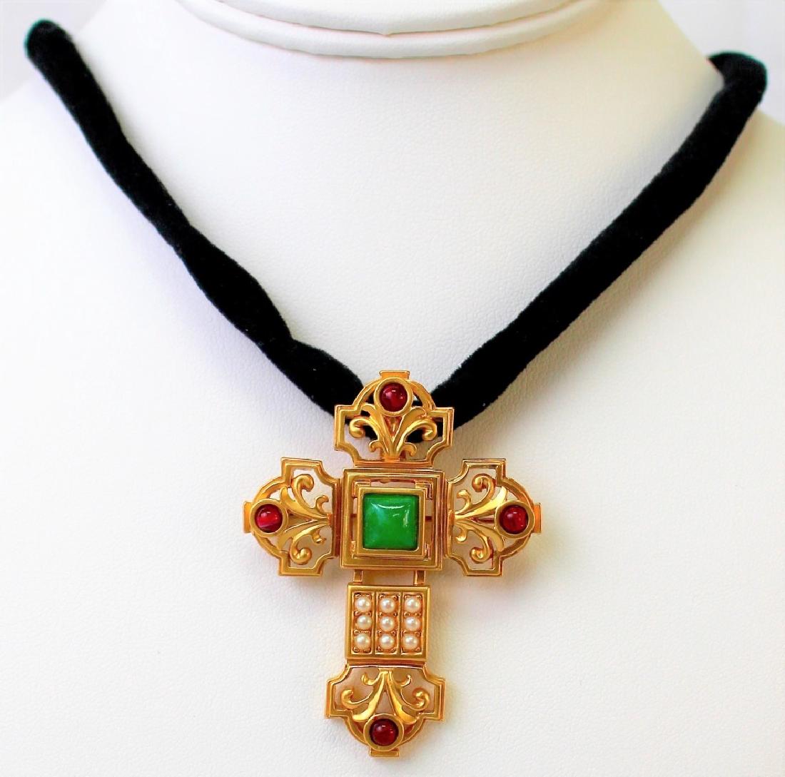 LIZ TAYLOR CROSS PIN/PENDANT W/ VELVET STRAND: To include a signed Elizabeth Taylor carnelian and agate w/ faux pearl cross pin/pendant w/ black velvet strand. Shipping to be $15 US. We will combine w/ price.