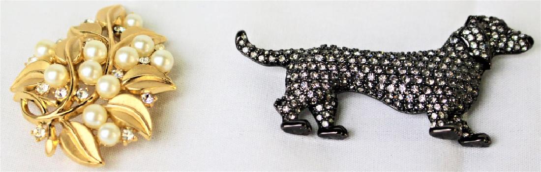 PAIR OF INCREDIBLE SIGNED COSTUME PINS: To include a Trifari Philippe rhinestone w/ faux pearl floral pin and a Vendome w/ Swarovski crystal Scottie pin. Shipping to be $15 US. We will combine w/ price.