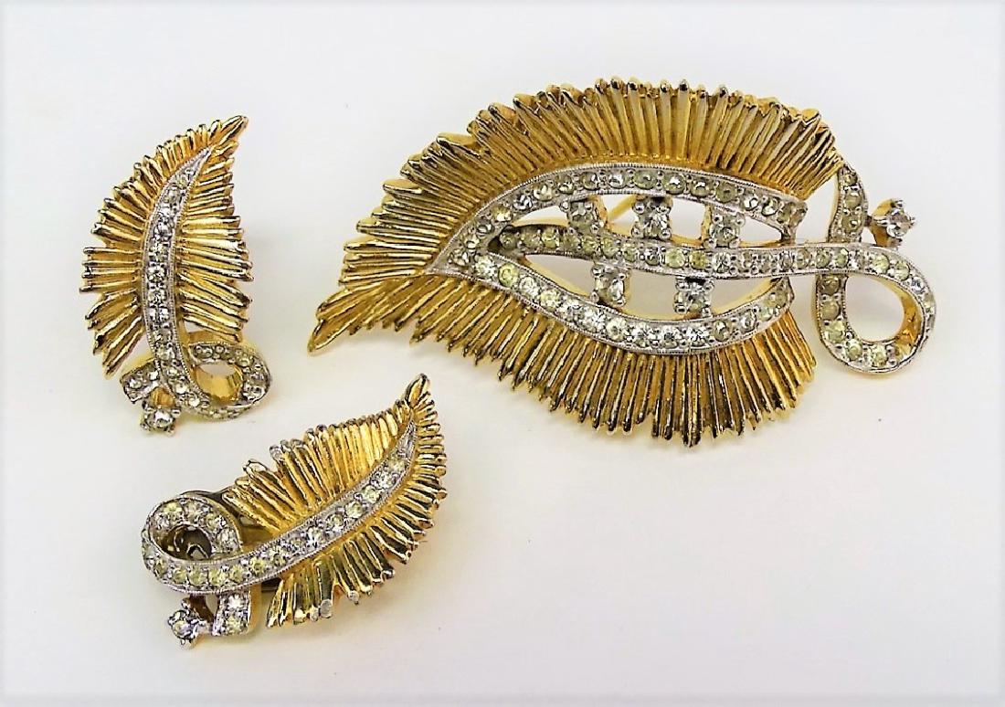 Signed Jomaz Rhinestone Leaf Pin Earrings Set
