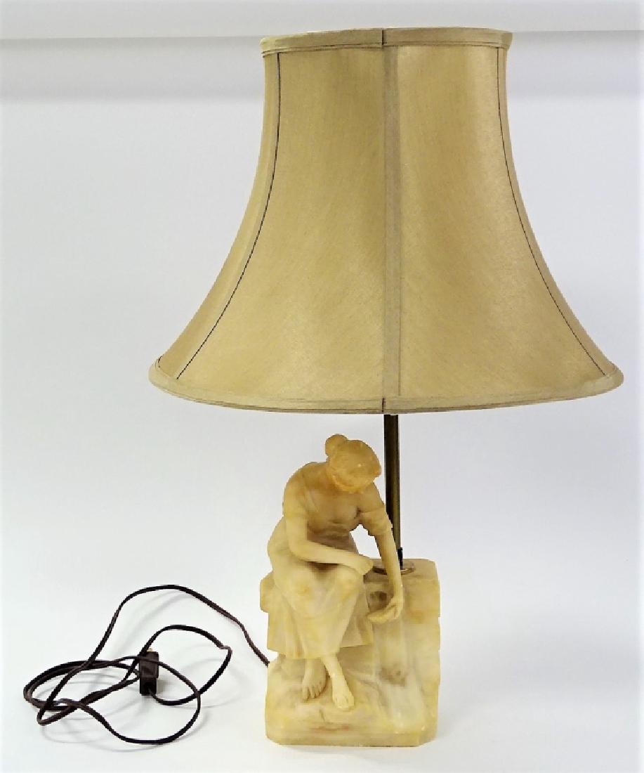 ART NOUVEAU CARVED ALABASTER MAIDEN LAMP: Dates to about 1900, measures 10 1/2" tall, plus stem comes with silk shade, good condition we will not ship, can refer local shippers