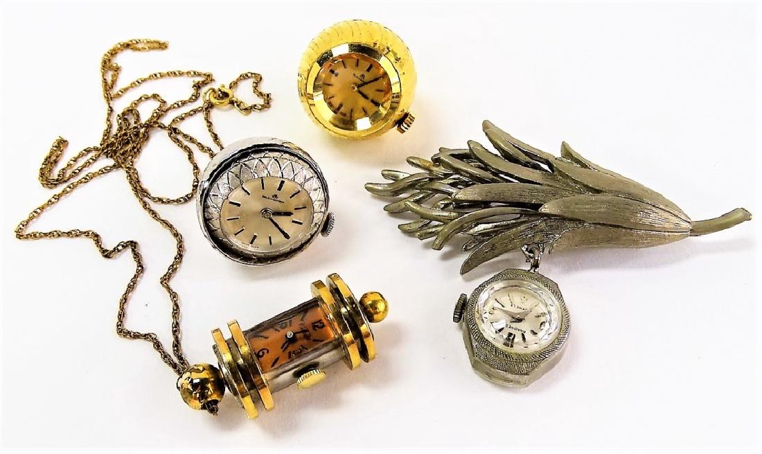 LOT OF 4 DECO WATCH PENDANTS: Kelbert with chain, 2 Bucherers, and a Baroness shipping $15 u.s. plus ins will combine shipping