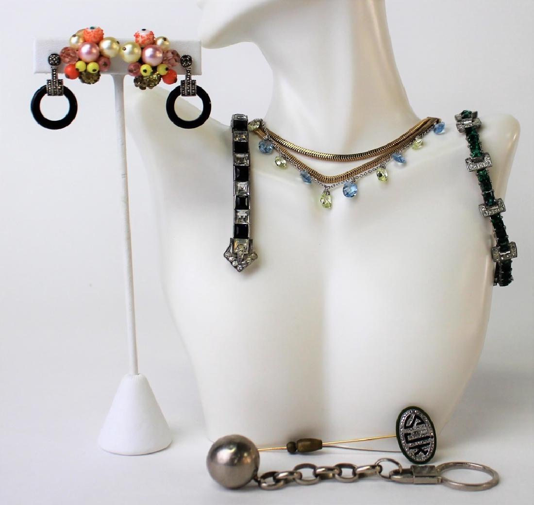 VINTAGE LOT OF COSTUME JEWELRY INC STERLING: To include a pair of Eugene faux pearl clip earrings, a pair of marcasite hoop earrings, a Deco green rhinestone station chain bracelet, a Mexican stelring ball and chain keychain, an unsigned snake c