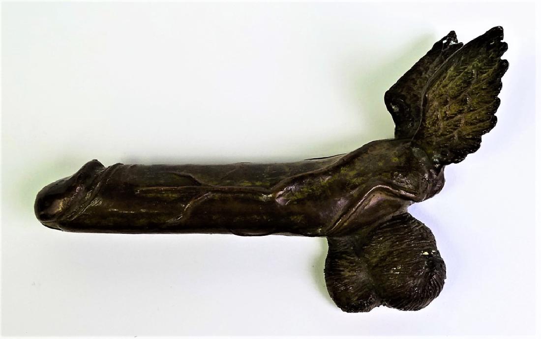 VINTAGE 1910 RAOUL F. LARCHE BRONZE FLYING PENIS: François-Raoul Larche was a French Art Nouveau sculptor whose work included several figures of Christ, but who may be better known for his numerous female figures, both nude and draped. This item mea