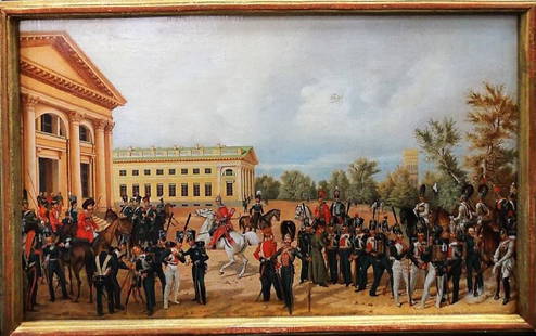 ATTRIB. FRANZ KRUGER MILITARY PRESENTATION PLAQUE: We offer a military presentation plaque that was made for a military celebrations as a gift for the members and their achievements. This painting was painted with oil on a paper mache plaque, which wa