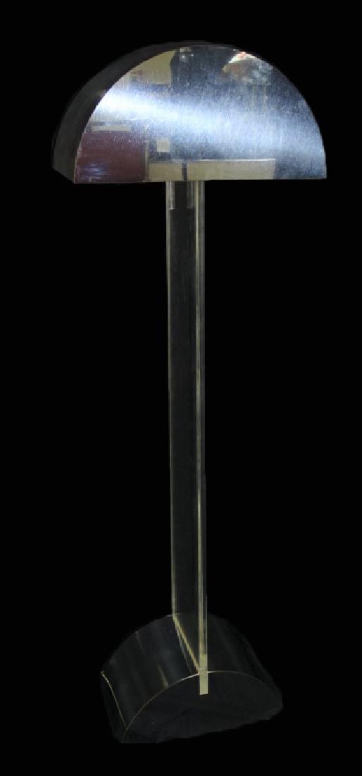 GEORGE KOVACS CHROME & LUCITE FLOOR LAMP FIXTURE: This lot includes a George Kovacs lucite floor lamp fixture with a chrome shade. The lamp can hold two light bulbs. In good condition. Measures approx. 60" x 16" x 9". We will not ship this item. We c