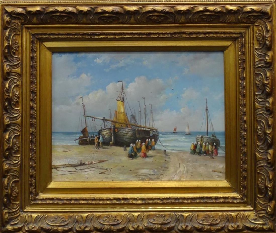 OIL PAINTING ON CANVAS OF SHIPS DOCKED AT SHORE (1 of 4)