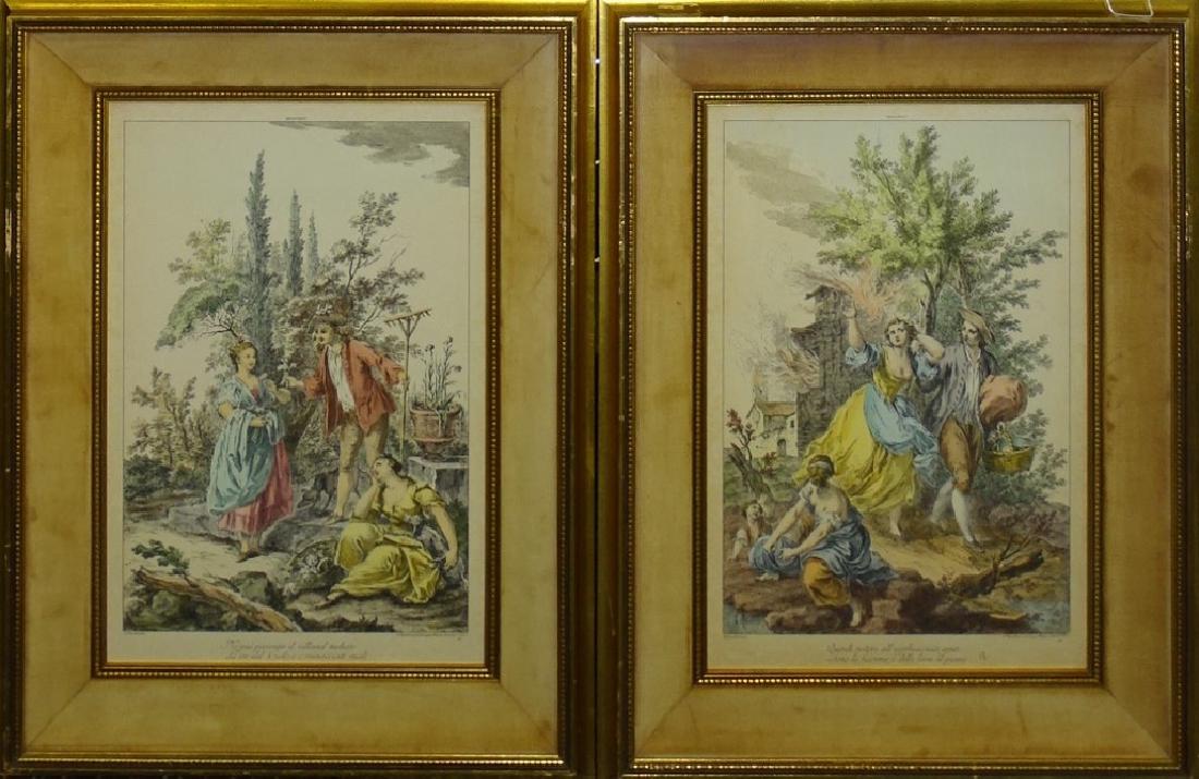 TWO F. BARTOLOZZI VICTORIAN HAND PAINTED ETCHINGS: Francesco Bartolozzi (1728-1815) was active/lived in Italy. Francesco Bartolozzi is known for allegorical painting, stipple engraving. The etchings depict a Victorian couple and a woman gardening. Mea