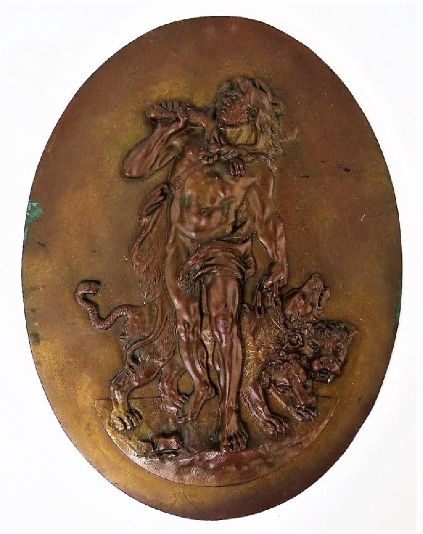 LARGE BRONZE PLAQUE OF WARRIOR WITH 3 HEADED DOG (1 of 3)