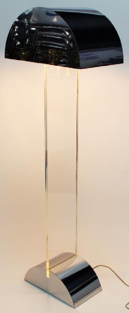 GEORGE KOVACS CHROME & LUCITE FLOOR LAMP FIXTURE: This lot includes a George Kovacs lucite floor lamp fixture with a chrome shade. The lamp can hold two light bulbs. In good condition. Measures approx. 60" x 16" x 9". We will not ship this item. We c