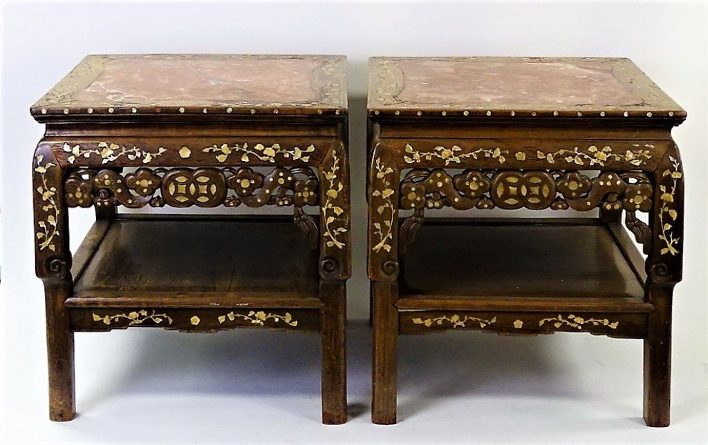 PAIR OF CHINESE WOODEN MARBLE INLAID SIDE TABLES (1 of 5)