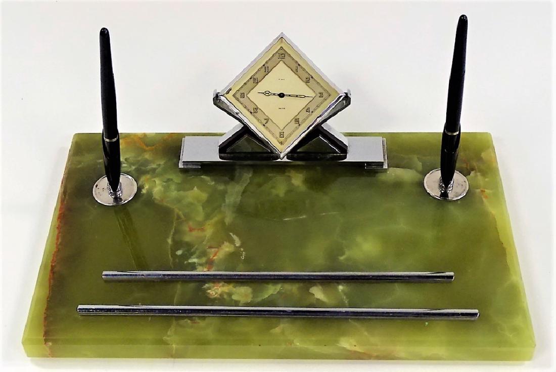 ART DECO GREEN ONYX CLOCK WITH DOUBLE PENS (1 of 3)