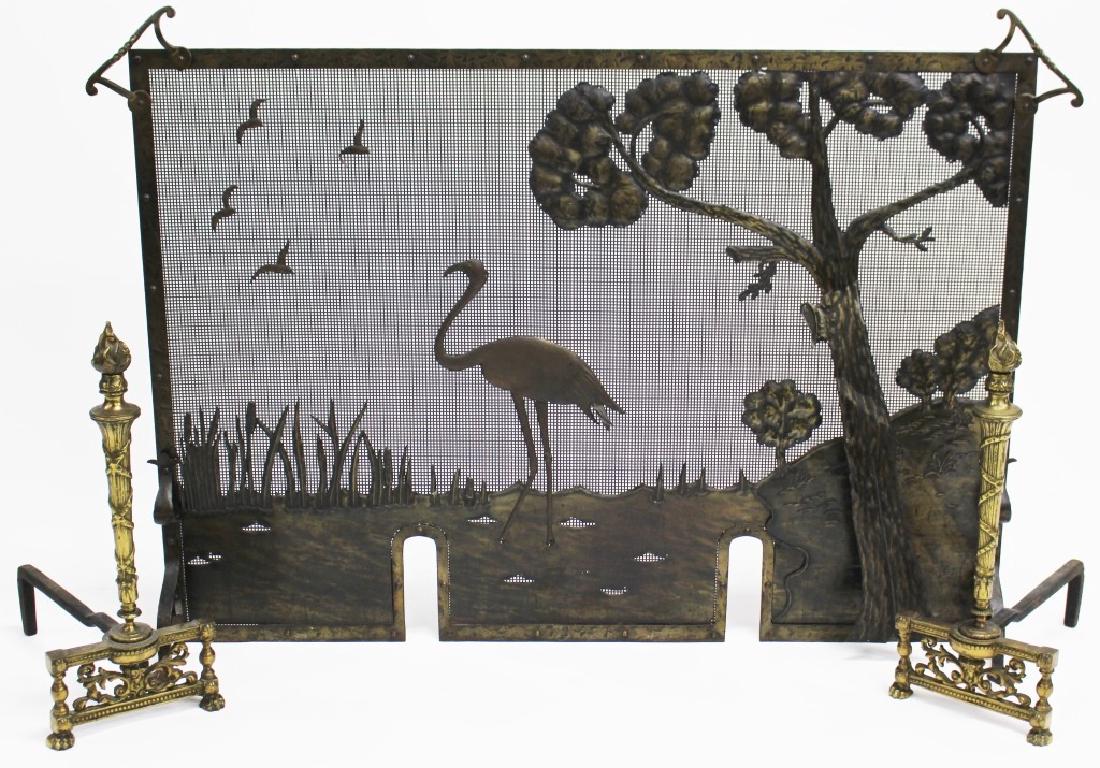BRASS FIRE SCREEN & PAIR OF ANDIRONS (1 of 1)