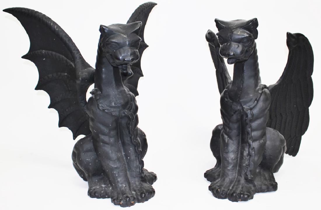 PAIR WINGED BLACK GOTHIC GARGOYLES GARDEN STATUES (1 of 2)