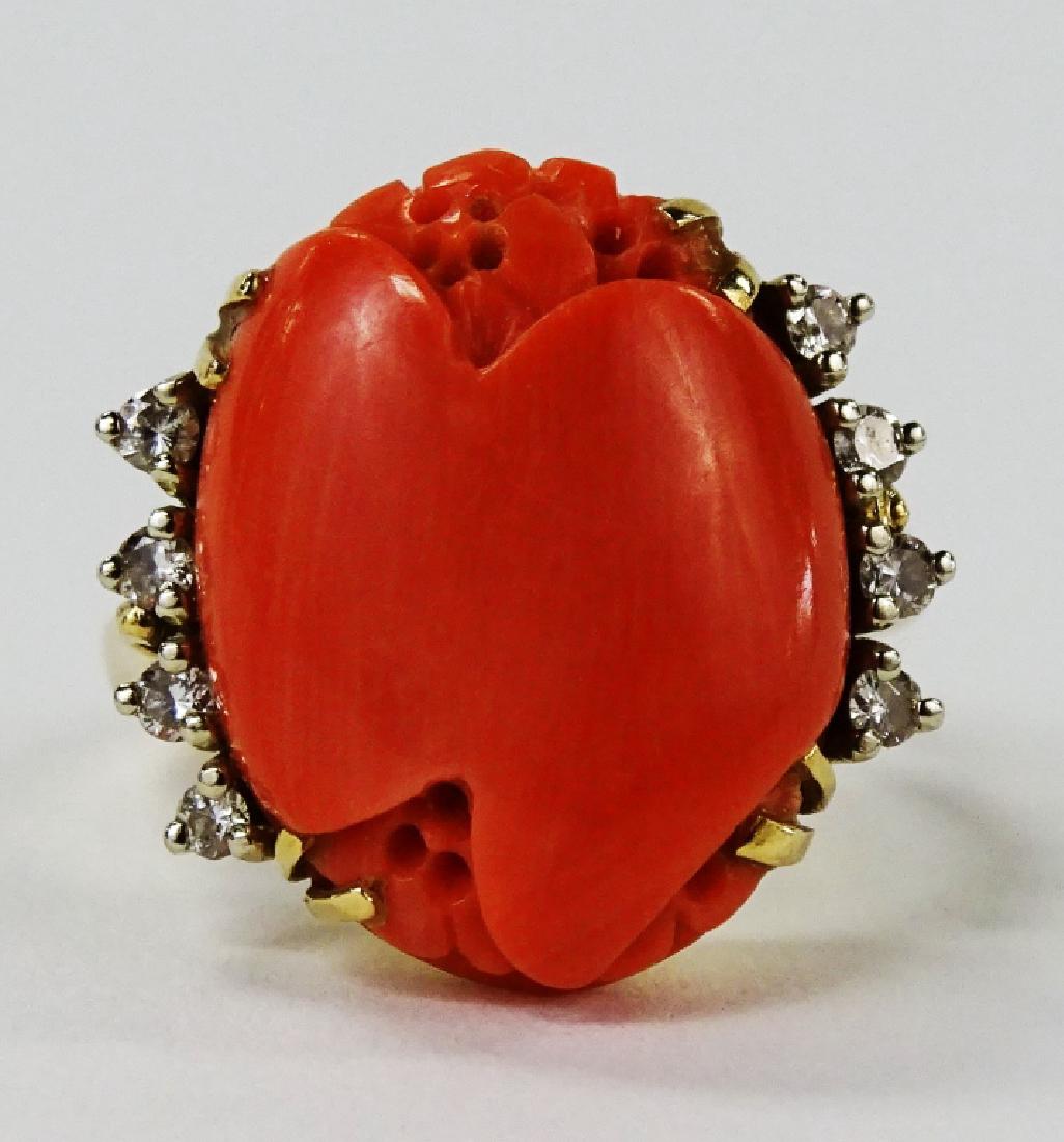 LADIES 14KT GOLD CARVED CORAL & DIAMOND RING (1 of 5)