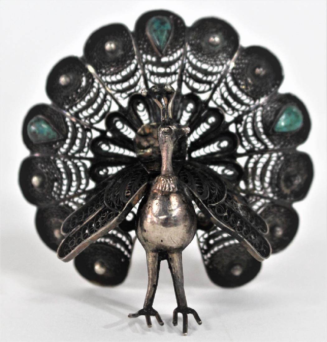 950 STERLING FILIGREE & MALACHITE PEACOCK HOLDER: Card holder measures 2 1/2" tall, signed 950, most probably Mexican. total weight 29.4grams, shipping $20 plus ins u.s.