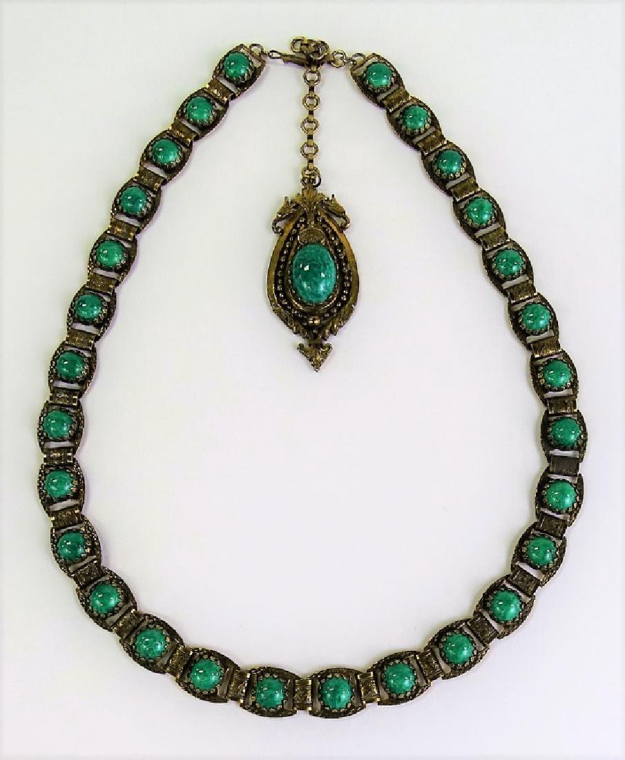 VINTAGE CZECH GREEN CABOCHON GLASS BELT/NECKLACE: Lot includes the following: -Vintage Czech Green Cabochon Glass Belt or Necklace -Circa 1930's *Shipping to be $20 USD plus insurance*