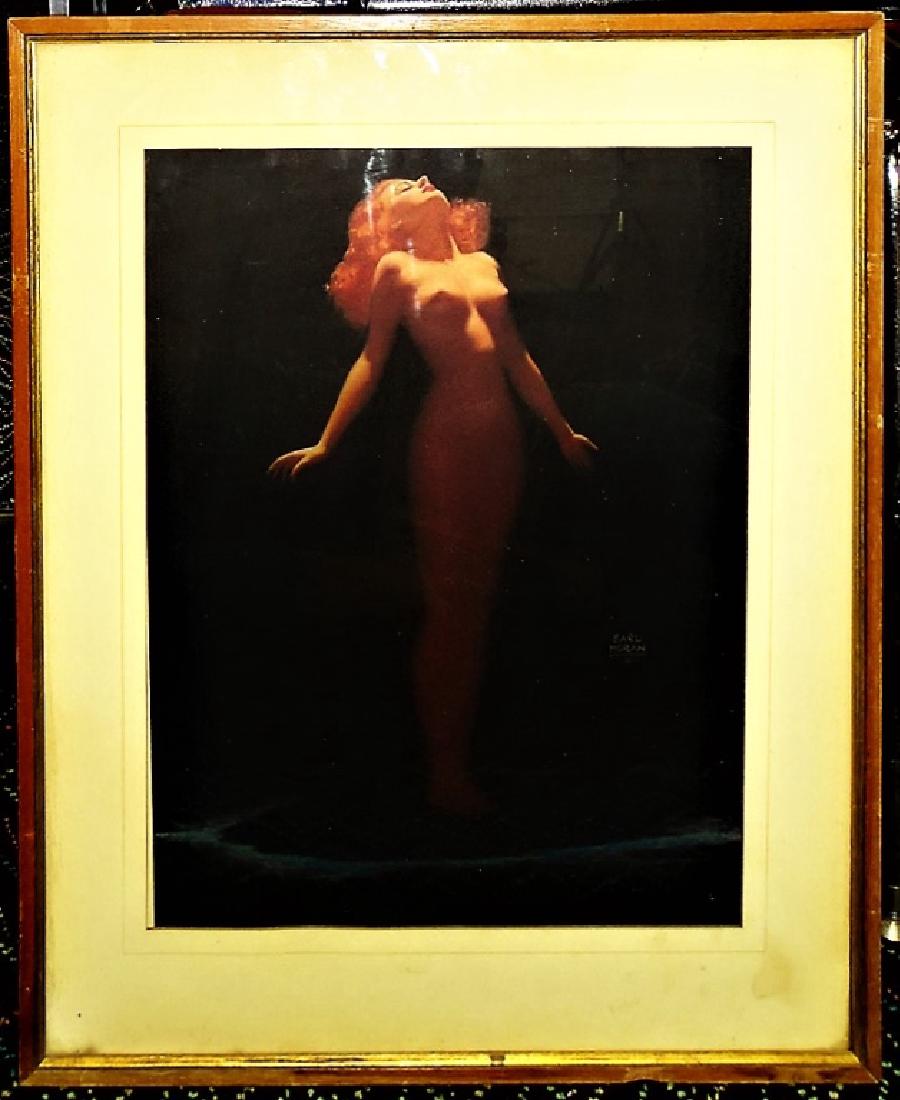 20TH C. EARL MORAN CHROMOGRAPH OF NUDE WOMAN: This lot consists of a mid 20th century chromograph of a nude woman who looks to be Marilyn Monroe, signed Earl Moran. The woman looks to be floating up into the sky. Great condition. Provenance: Boyn