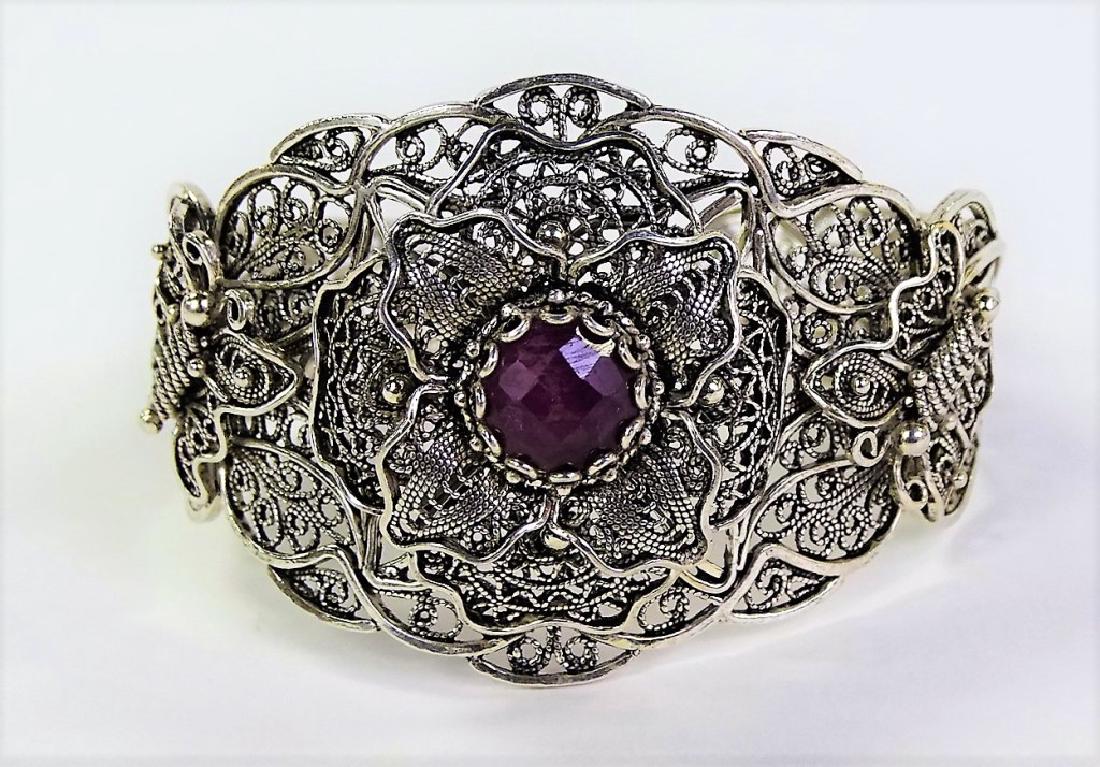 VINTAGE STERLING FILIGREE AND RUBY CUFF BRACLET (1 of 6)