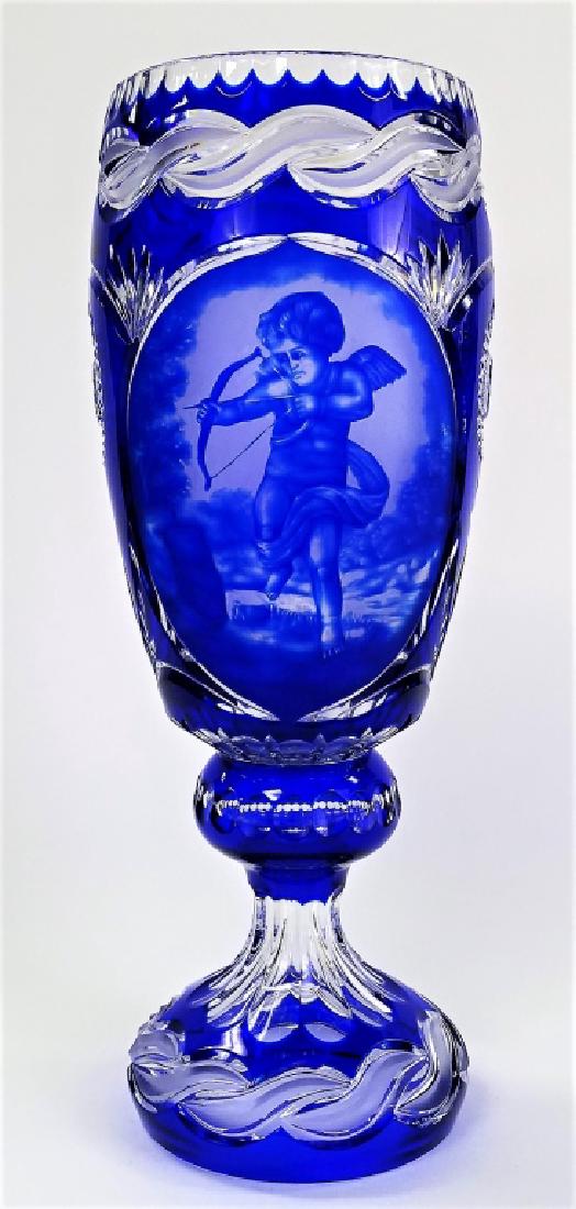 LARGE BOHEMIAN COBALT TO BLUE VASE WITH CHERUB (1 of 4)