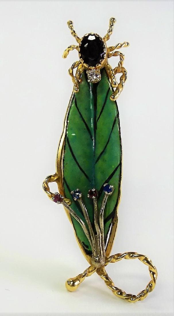 14KT GOLD DIAMOND GARNET ENAMELED SPIDER BROOCH (1 of 3)