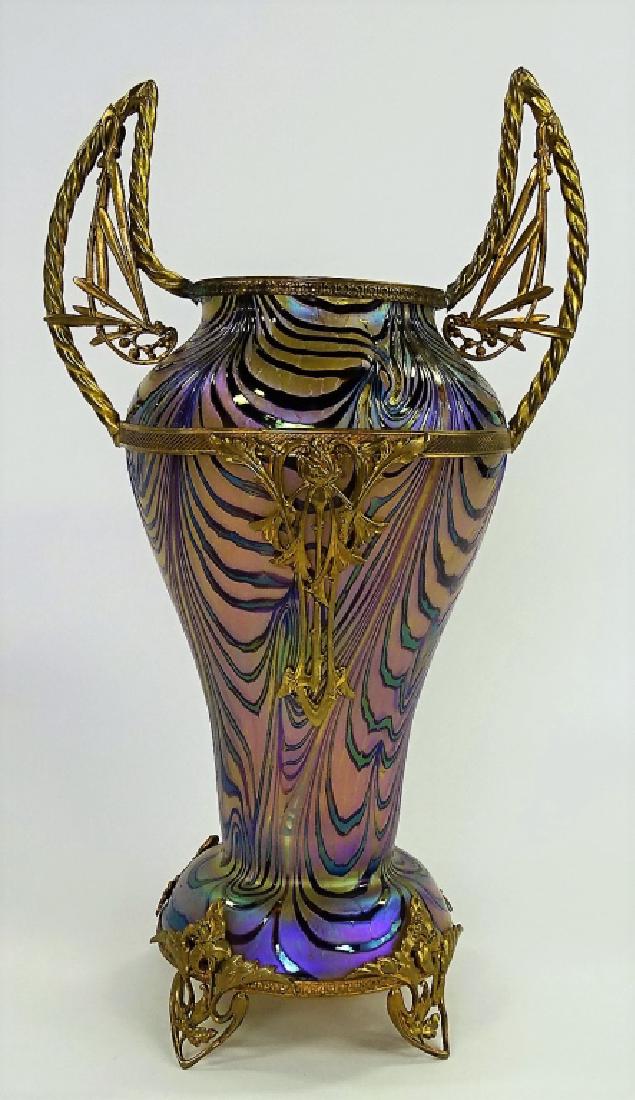 LOVELY TALL ART GLASS VASE IN A BRASS FRAME & BASE (1 of 3)