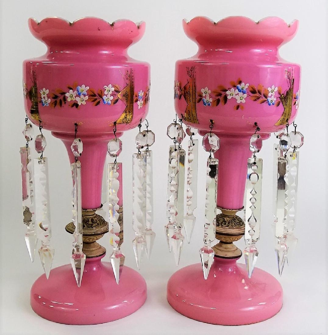 PAIR ANTIQUE HAND PAINTED OPALINE MANTLE LUSTRES (1 of 3)