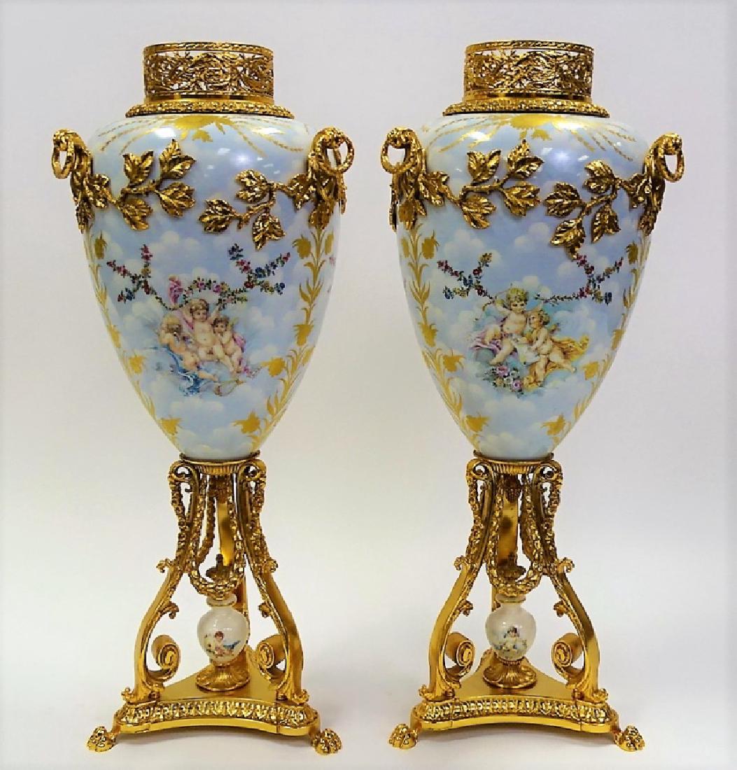 PAIR OF HUGE SEVRES STYLE PORCELAIN CHERUB URNS (1 of 6)