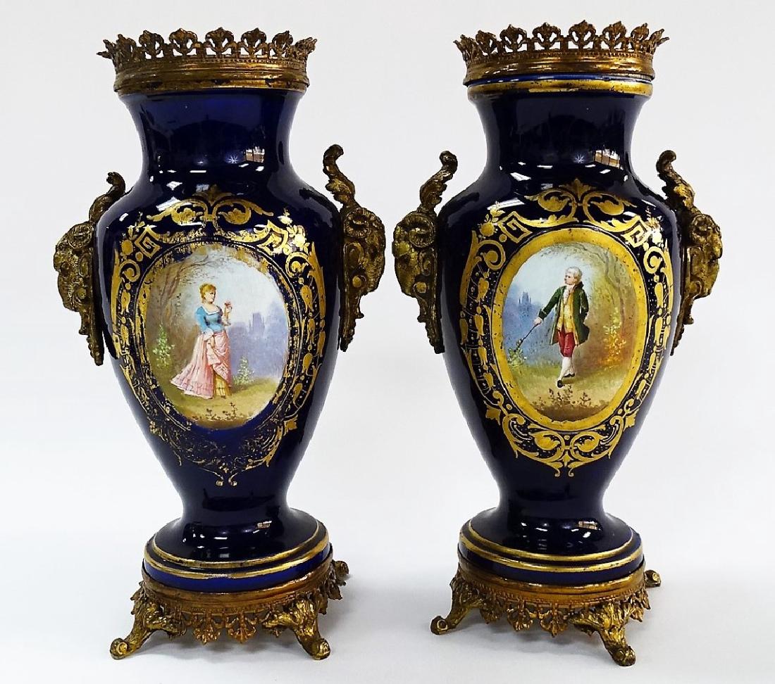 PR ANTIQUE GILT BRASS & COBALT PORCELAIN VASES (1 of 2)