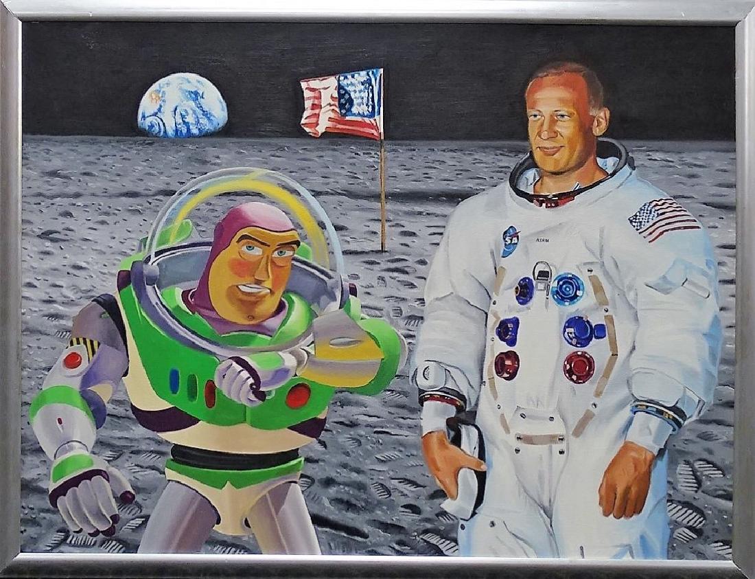 CLIFF LAND ORIGINAL POP/REALISM ACRYLIC ON CANVAS: Land, Clifford (American, 20th c.); An Acrylic on Canvas painting merging the Pop Art and Realism movements in depiction of Buzz Lightyear and Buzz Aldrin together on the surface of the Moon. Signed i