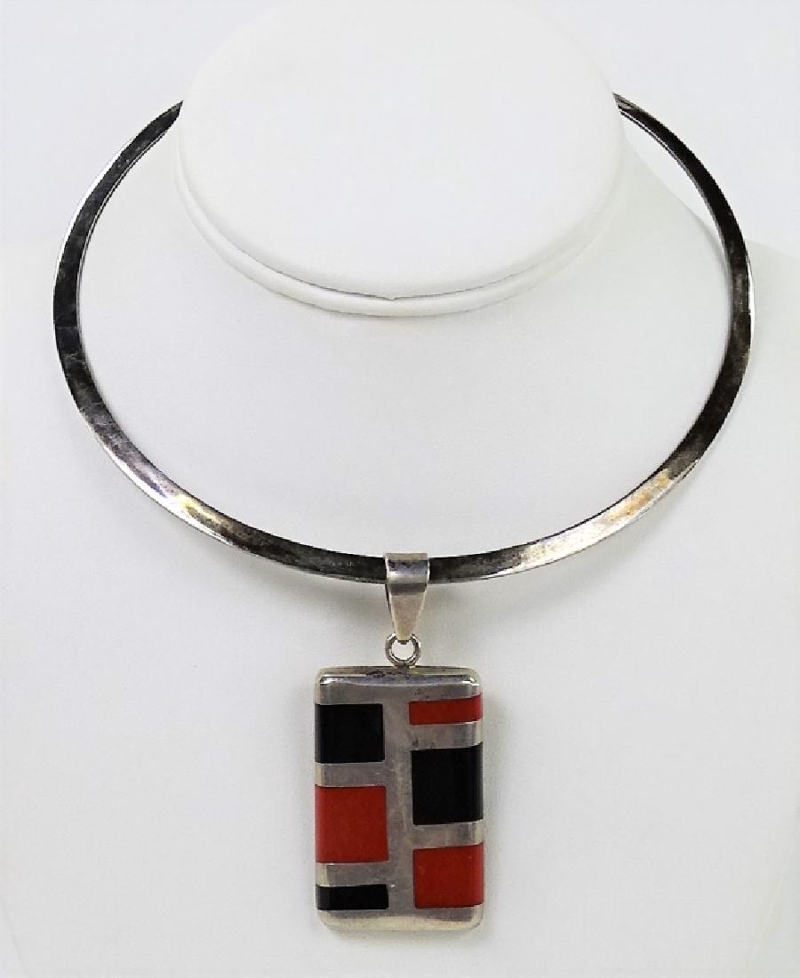 MODERNIST CHOKER WITH GEOMETRIC STERLING PENDANT: TOTAL WEIGHT about 28 grams shipping $20 plus ins u.s.