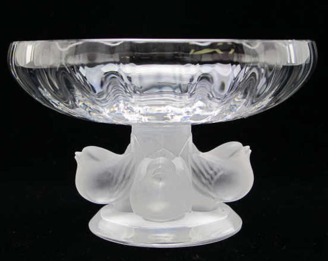LALIQUE "NOGENT" FRENCH CRYSTAL PEDESTAL BOWL: Signed in script "Lalique France" to base. From a Palm Beach estate. Measures: 3-1/4" T x 5-1/2" W. Total weight: 569.5 grams. Condition: Like New. Referred shippers upon request.