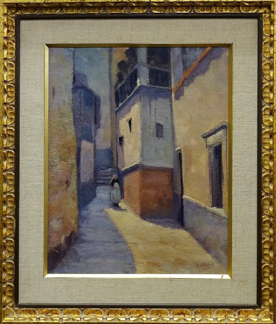 MID CENTURY OIL ON CANVAS PANEL CITYSCAPE SIGNED (1 of 3)