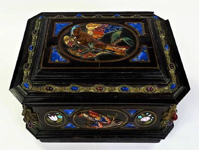 EXTRAORDINARY ORIENTALIST PIETRA DURA HINGED BOX: A unique antique hinged safe box, in orientalist motif with rectangular shape and stepped form. Expertly crafted, decorated with Pietra Dura inlay and semi-precious gemstone inserts. Further