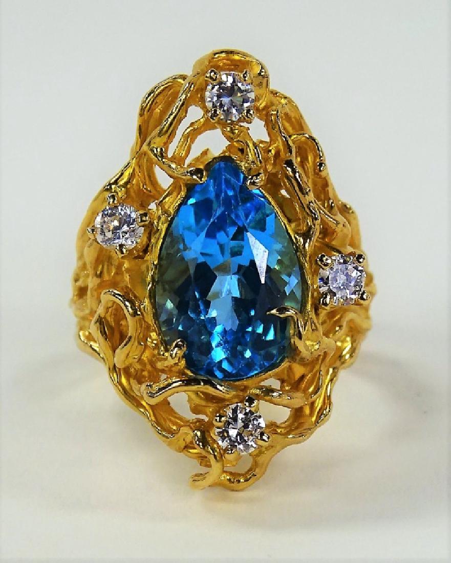 HEAVY 14KT YELLOW GOLD NUGGET TOPAZ & DIAMOND RING (1 of 4)
