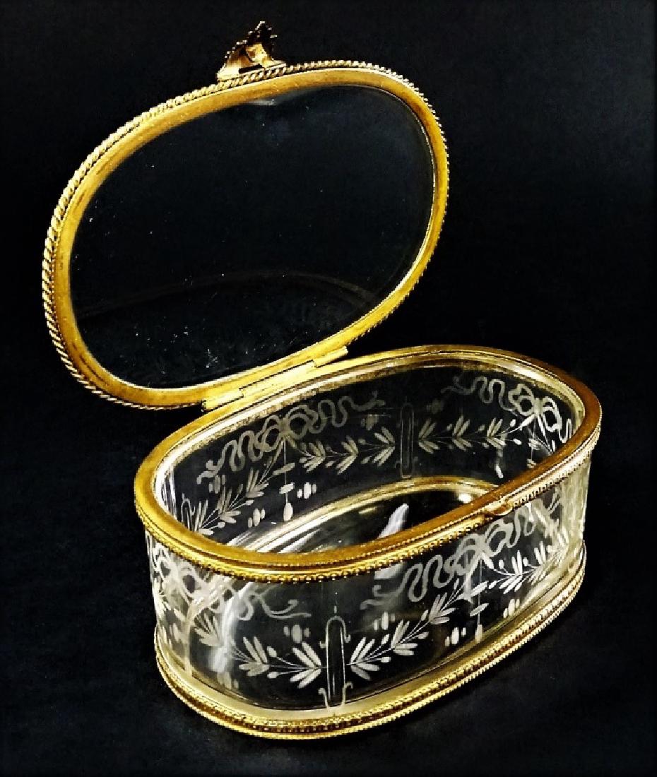 ANTIQUE FRENCH BRASS & ETCHED CRYSTAL JEWELRY BOX